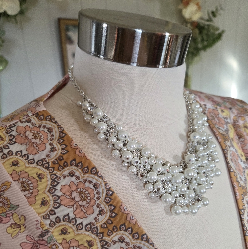 Charter Club Silver Faux Pearl Cluster Necklace